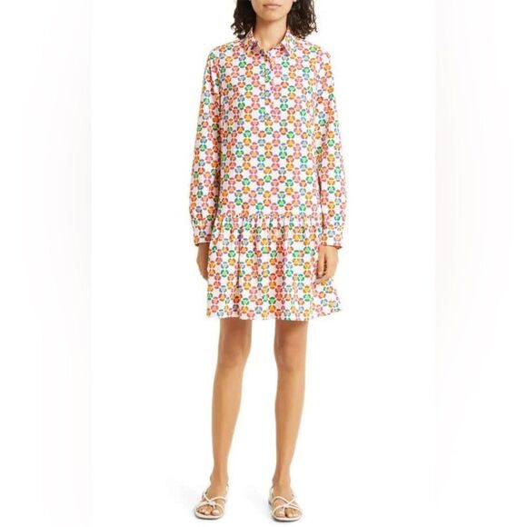Saloni Geometric Long Sleeve Poplin Shirtdress Ruffle Hem US 4 - Picture 2 of 8